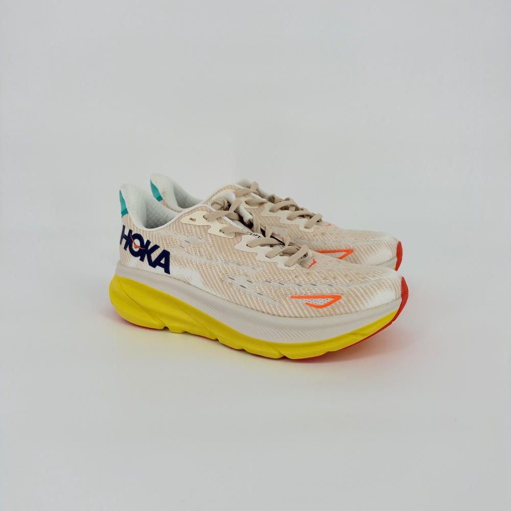 Hoka Clifton 9 Running Shoes Womens 8 Mens 7 Cream Yellow Athletic Gym Workout